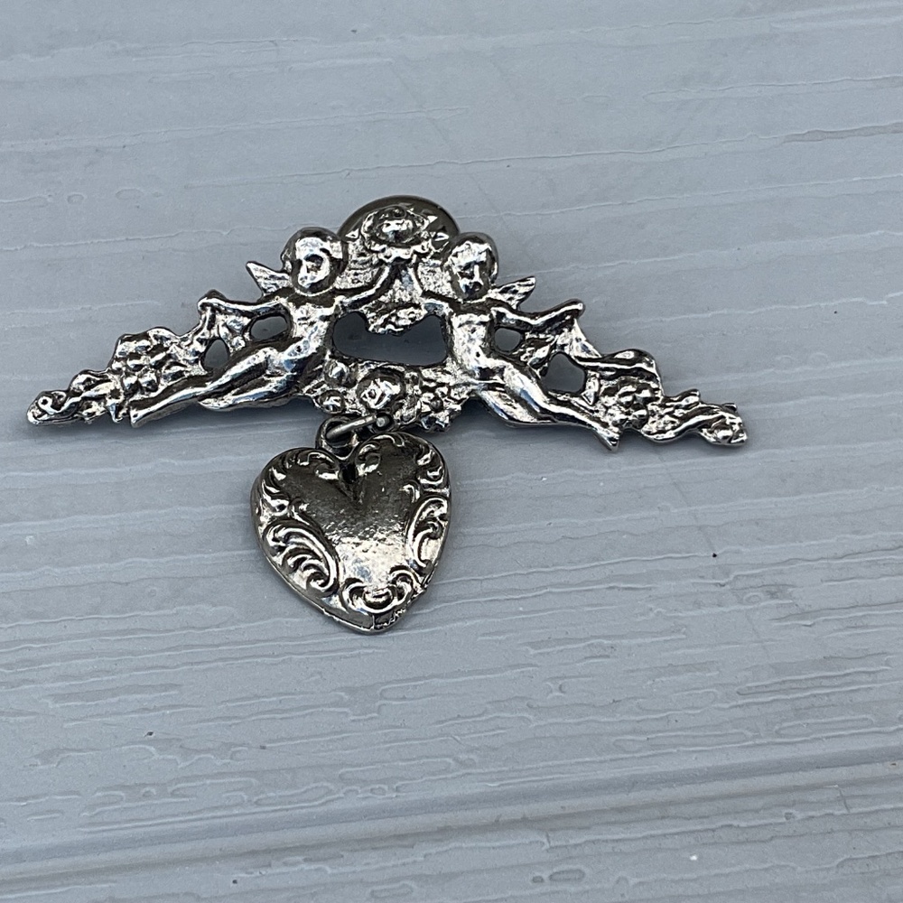 Vintage Cherub Pin Silvertone tac pin dangle heart 3” long - Picture 2 of 8